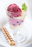 Blueberry sorbet and raspberry ice cream in a glass