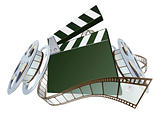 Film clapperboard and movie film reels