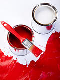 Paint buckets, paint and brush