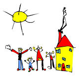 Child drawing of family, sun and house