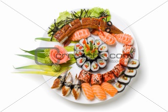 Photo of a rolled and sushi on the white plate