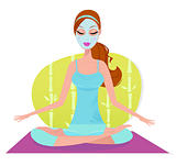 Beautiful woman with facial mask sitting on yoga mat and meditate