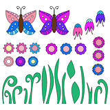 Colorful butterfly, flower and grass collection