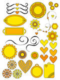 Yellow and orange flowers, hearts, curls and tags