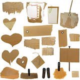Set Cardboard Scraps, blank tag, paper notes, isolated on white background