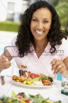 Middle Aged Woman Dining Al Fresco