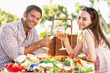 Couple Eating An Al Fresco Meal, Toasting With Wineglasses