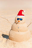 Snowman Built As Sandcastle On Beach