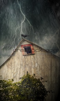 Spooky old barn with crows on a stormy night
