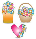 Flowerpot, basket and heart with flowers