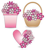 flowerpot, basket and heart with pink flowers