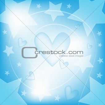 Blue and white background with hearts and stars