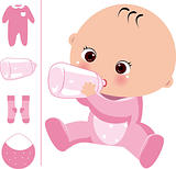 baby in the milk，, baby clothing and bottles