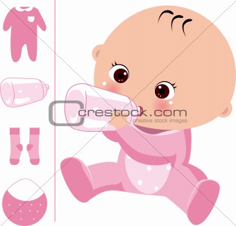 baby in the milk，, baby clothing and bottles