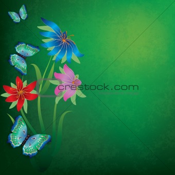 abstract grunge background with butterflies and flowers