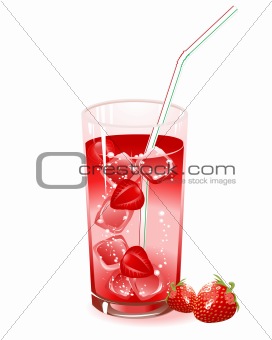 glass with drink, strawberry and ice