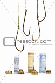 Money being hooked on a white background