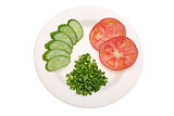 sliced tomato, cucumber and green onion on white plate