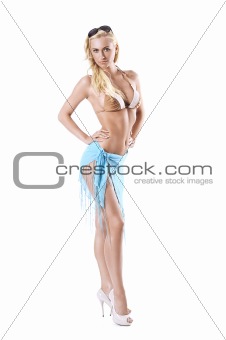 full body shot of a standing blonde model in bikini