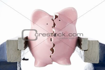 Broken piggy bank in vice
