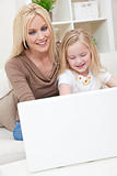 Woman & Girl, Mother and Daughter, Using laptop Computer