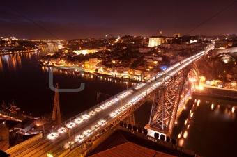 Dom Luis I Bridge illuminated at night. Oporto, Portugal  wester