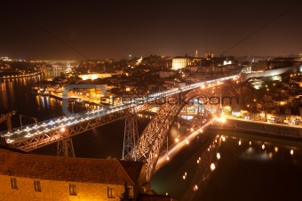 Dom Luis I Bridge illuminated at night. Oporto, Portugal  western