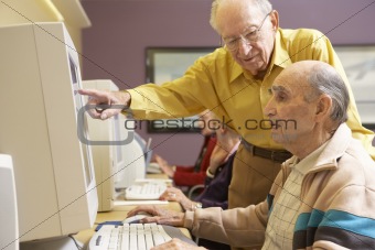 Senior men using computer