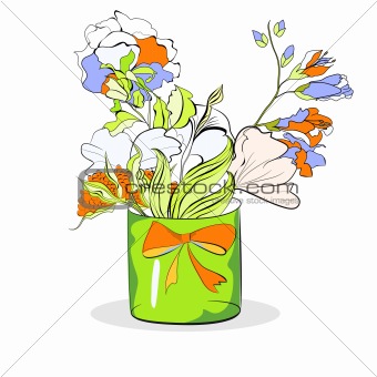 Bucket with flowers on white