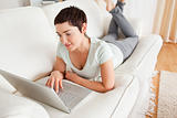 Charming dark-haired woman using a laptop