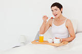 Dark-haired woman eating cereal