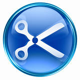 scissors icon blue, isolated on white background. 