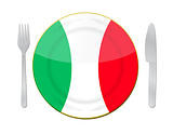 Italian food concept. Knife, plate and fork on a white background