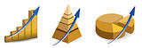 Raising pie, pyramid and bar charts. isolated over a white background.