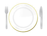 Knife, white plate and fork on a white background