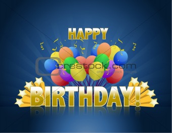 Happy birthday balloons logo sign with golden stars ans rays of light.