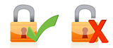 Icons of padlock with check and xmarks