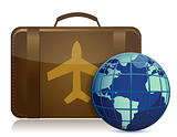 Earth globe and brown luggage illustration design isolated over white