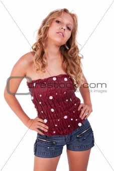 beautiful and elegant young woman in shorts, isolated on white studio shot