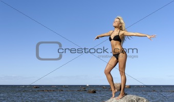 girl in bikini posing on a rock near the sea