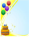 Happy birthday card with balloons rays of light and birthday cake