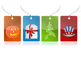 Christmas tree, evil pumpkin, present box, us hat illustration tags isolated over white