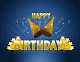 Happy birthday logo sign with golden stars ans rays of light and party hats