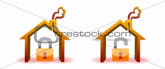 safe and unsafe house icons isolated over a white background