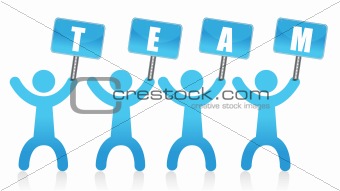 People holding a banner with the word Team
