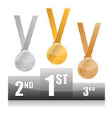 Podium with gold, silver and bronze medals isolated over a white background
