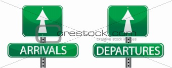 Arrival and departures airport street signs isolated over a white background
