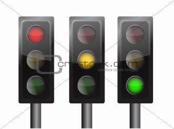 green yellow and red traffic lights isolated over a white background