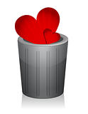 conceptual illustration Broken heart inside a trash can isolated over a white background