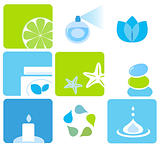 Natural cosmetics and spa icons and elements - blue, green
